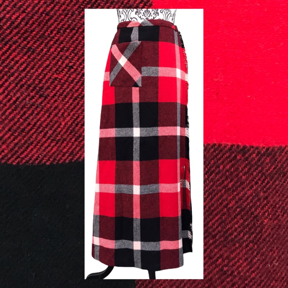 Vintage 70s 80s Florence Walsh Agile Wool Red Black Plaid Wrap Skirt Long Volup